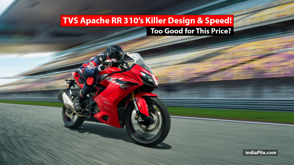New TVS Apache RR 310 in Racing Red parked on a road, showcasing its sleek design and aerodynamic winglets.