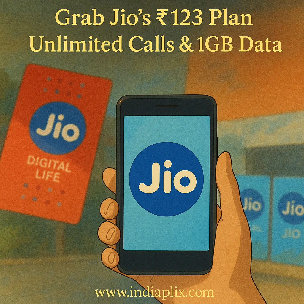 Jio ₹123 plan promotional banner with mobile phone showing unlimited calls and 1GB data for 60 days.