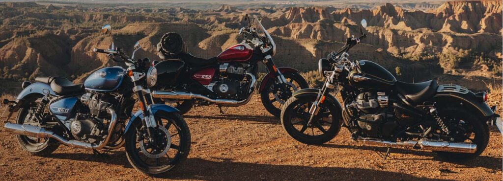 Royal Enfield Super Meteor 650 cruiser motorcycle parked on a scenic highway