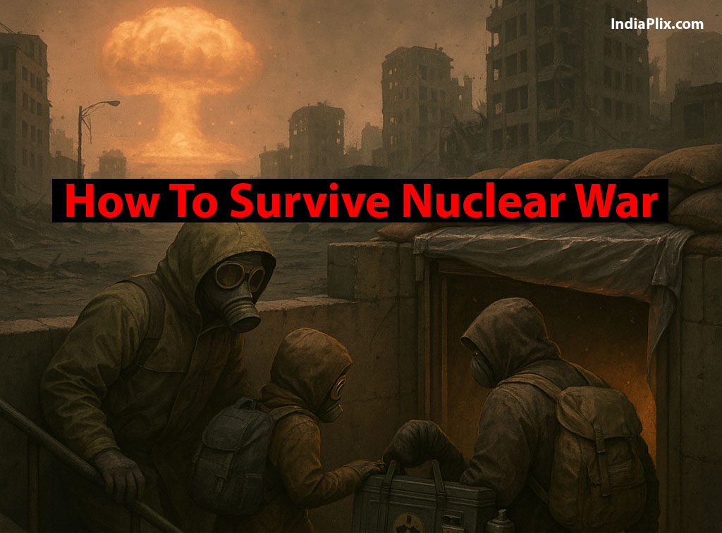 Group entering a fallout shelter with survival gear in a post-nuclear cityscape, highlighting nuclear war preparedness.