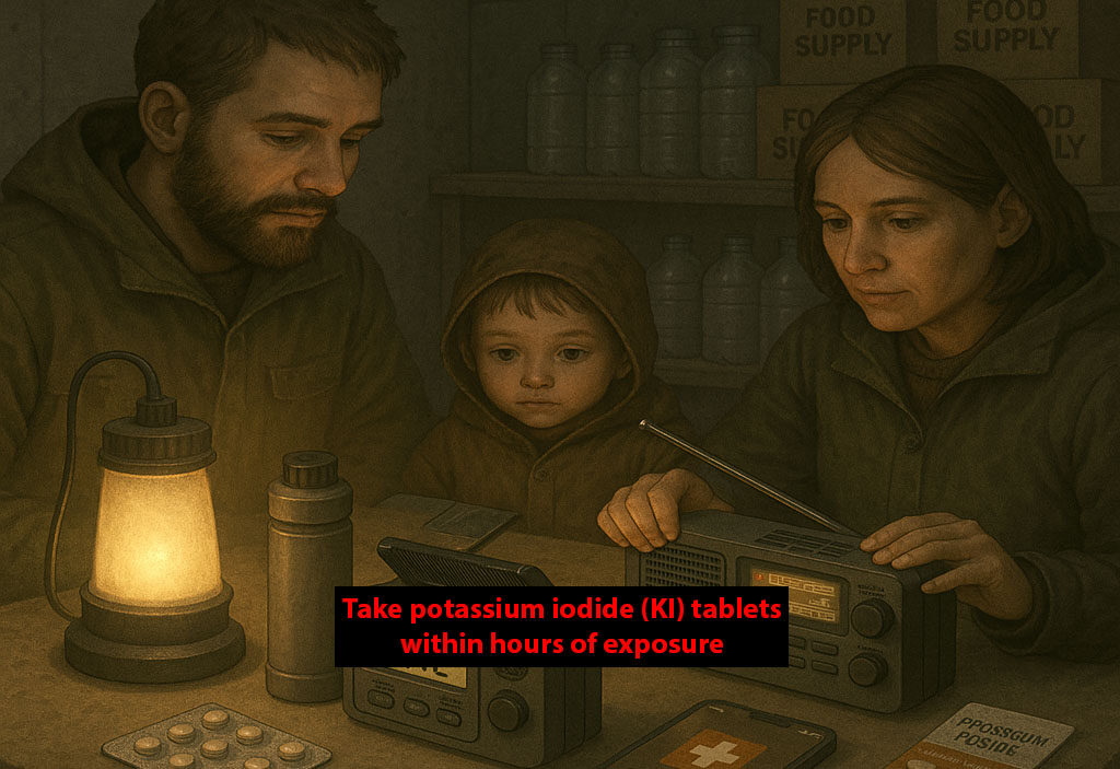 Family in a nuclear fallout shelter using survival tech like Geiger counter and radio, showcasing nuclear war preparedness.