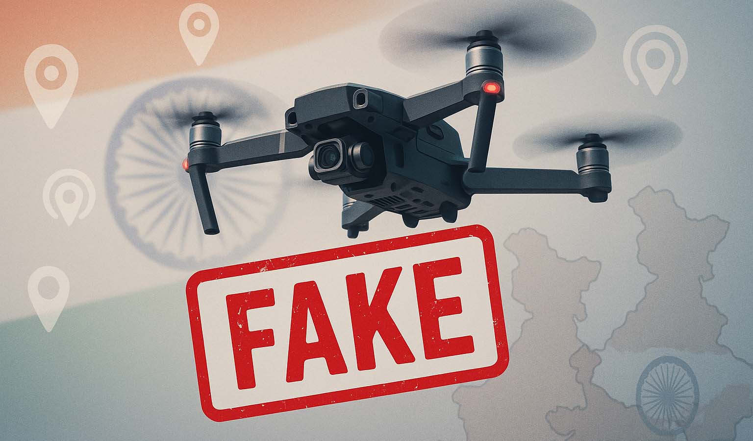 Futuristic drone with red 'FAKE' stamp and Indian flag background, illustrating PIB Fact Check debunking a drone tracking hoax amid India-Pakistan tensions.