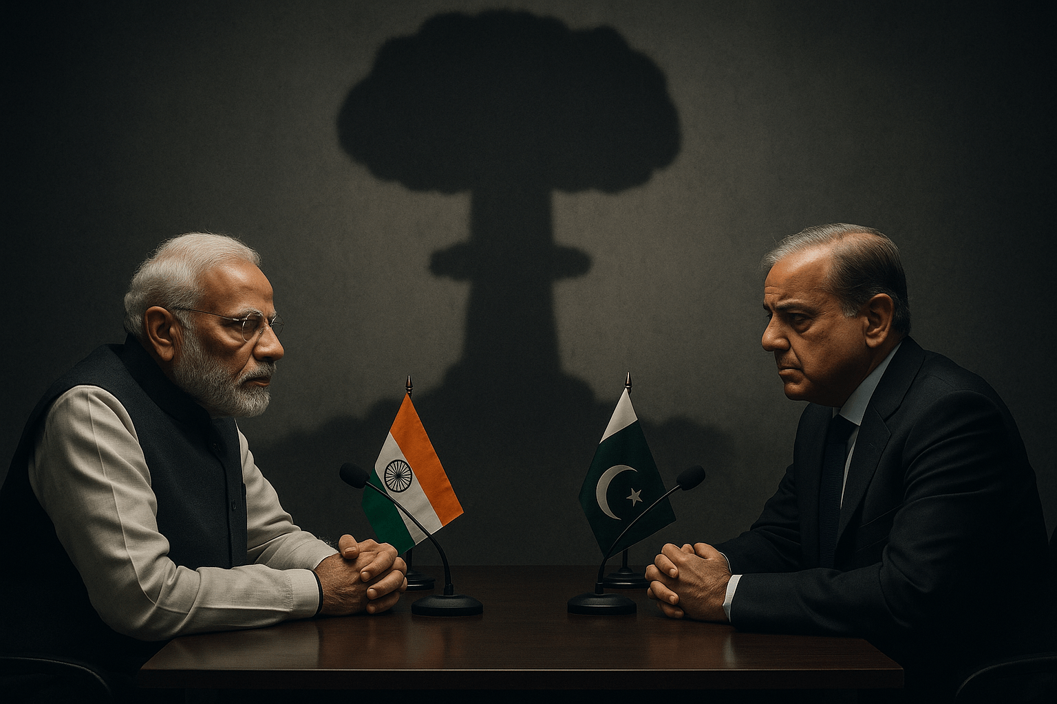 Narendra Modi and Pakistan's Prime Minister in a tense meeting with a nuclear bomb silhouette in the background, highlighting the threat of nuclear conflict.