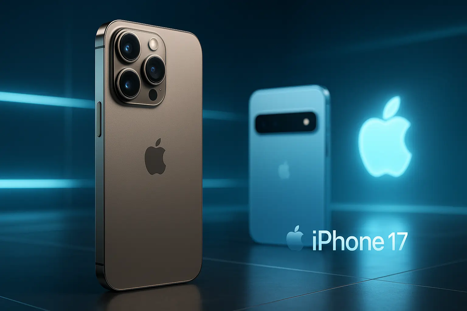 Apple iPhone 17 Pro Max in Desert Titanium and iPhone 17 Pro in Sky Blue with horizontal camera bar in a futuristic setting
