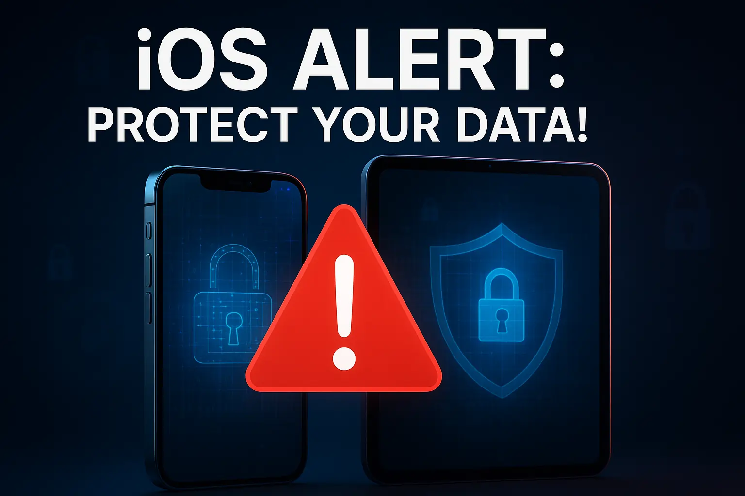 iPhone and iPad displaying a red alert icon with a cybersecurity shield, warning of iOS and iPadOS data theft risks in 2025, set against a digital background with binary code and padlock icons.