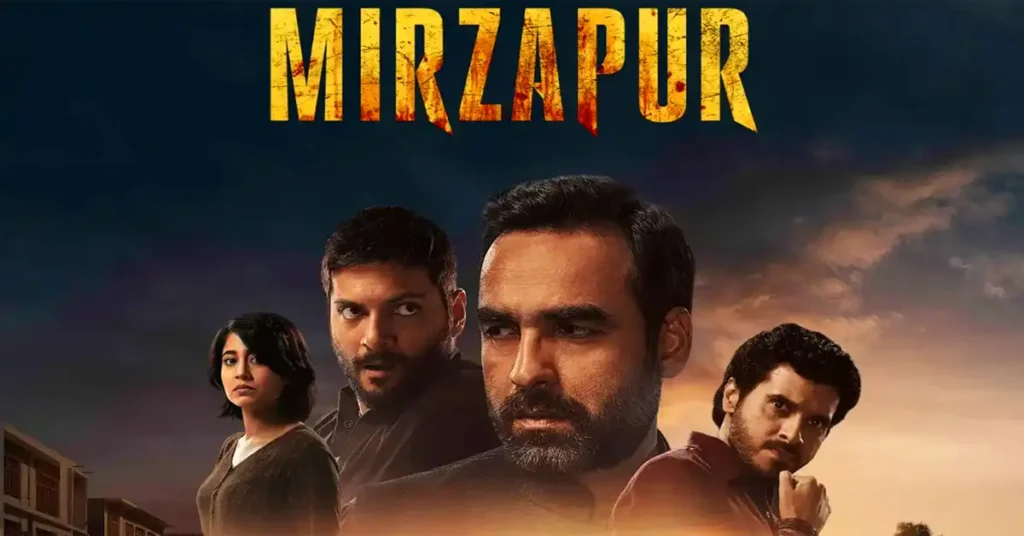 Mirzapur Season 4 promotional poster featuring Kaleen Bhaiya and Guddu Pandit silhouettes with a throne, set against a gritty cityscape, hinting at intense drama on Amazon Prime Video.