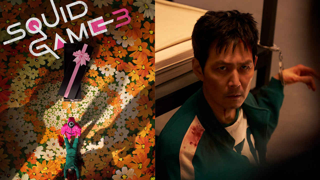 Pink-suited guard dragging a bloodied player in Squid Game Season 3 Netflix poster.